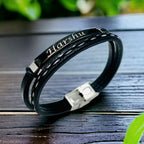 Stainless Steel Gold Black Customized Personalised Laser Engraved Leather Wrist Band ID Bracelet Men