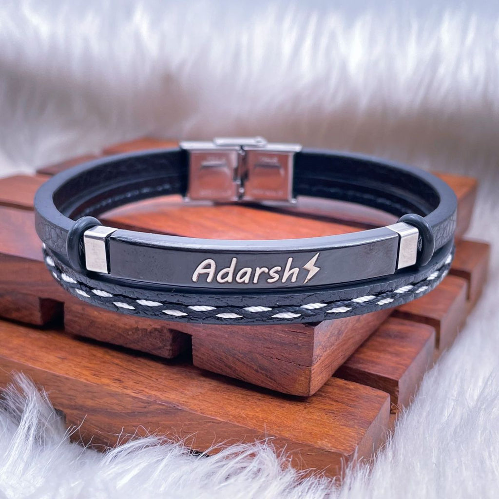 Stainless Steel Gold Black Customized Personalised Laser Engraved Leather Wrist Band ID Bracelet Men