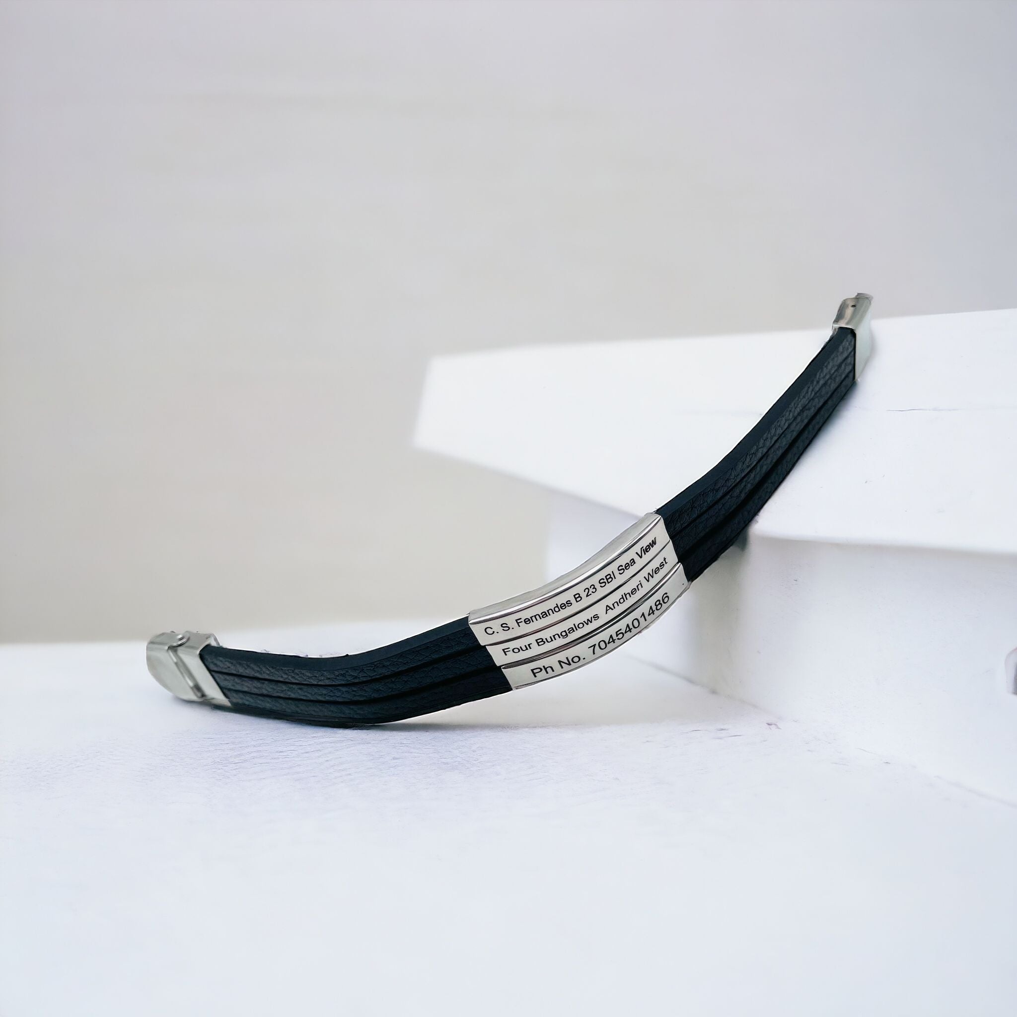 3 Layers Stainless Steel Silver Customized Personalised Laser Engraved Leather Wrist Band ID Bracelet Men