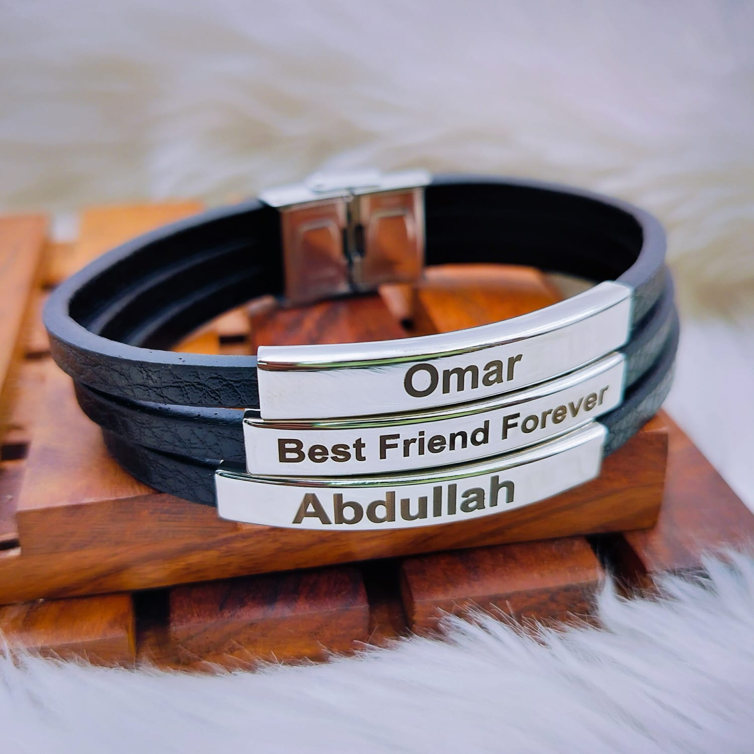 3 Layers Stainless Steel Silver Customized Personalised Laser Engraved Leather Wrist Band ID Bracelet Men Main image
