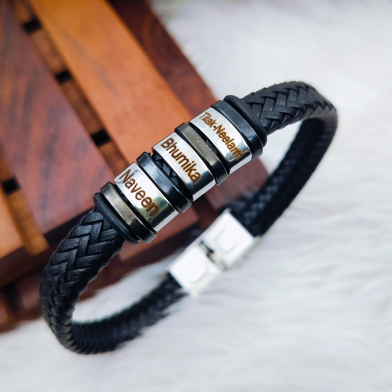 Rope Stainless Steel Silver Black Customized Personalised Laser Engraved Wrist Band Leather ID Bracelet For Men Main image