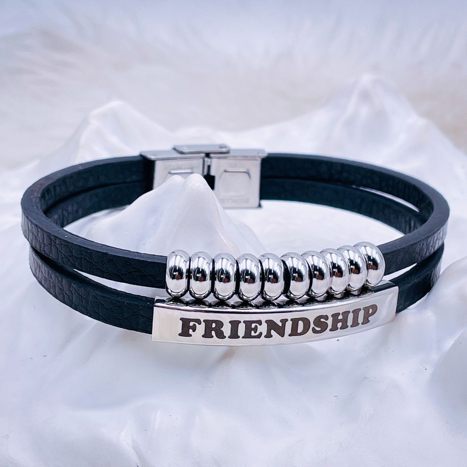Dual Layer Stainless Steel Silver Black Customized Personalised Laser Engraved Wrist Band Leather ID Bracelet For Men Main image