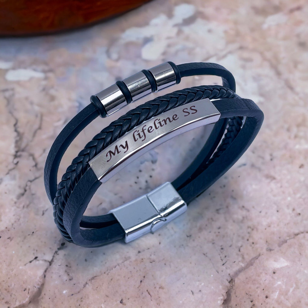 Dual Layer Stainless Steel Silver Black Customized Personalised Laser Engraved Wrist Band Leather ID Bracelet For Men