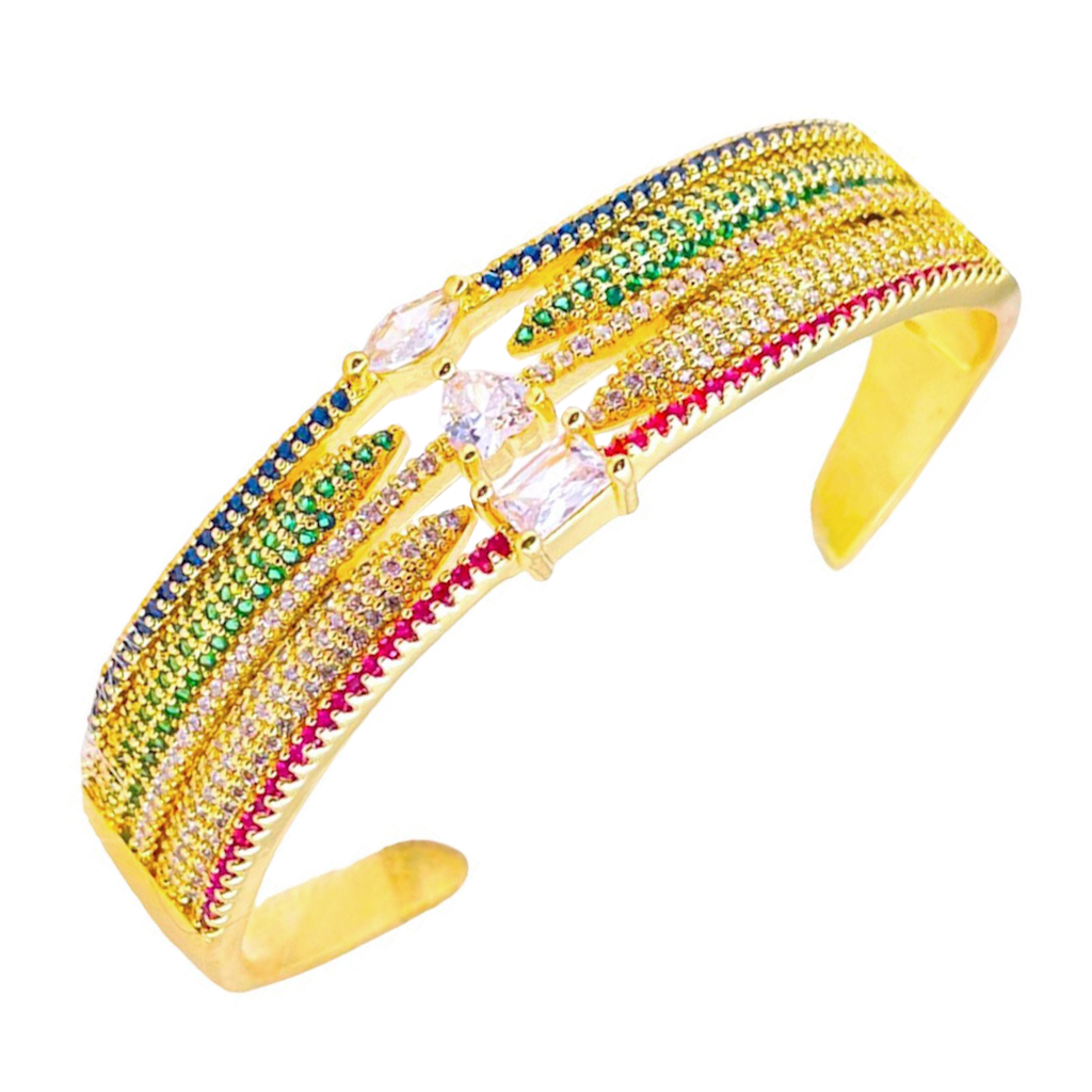 Heart Geometric Rainbow Multi Fancy CZ Gold Bangle Cuff Kada Bulk