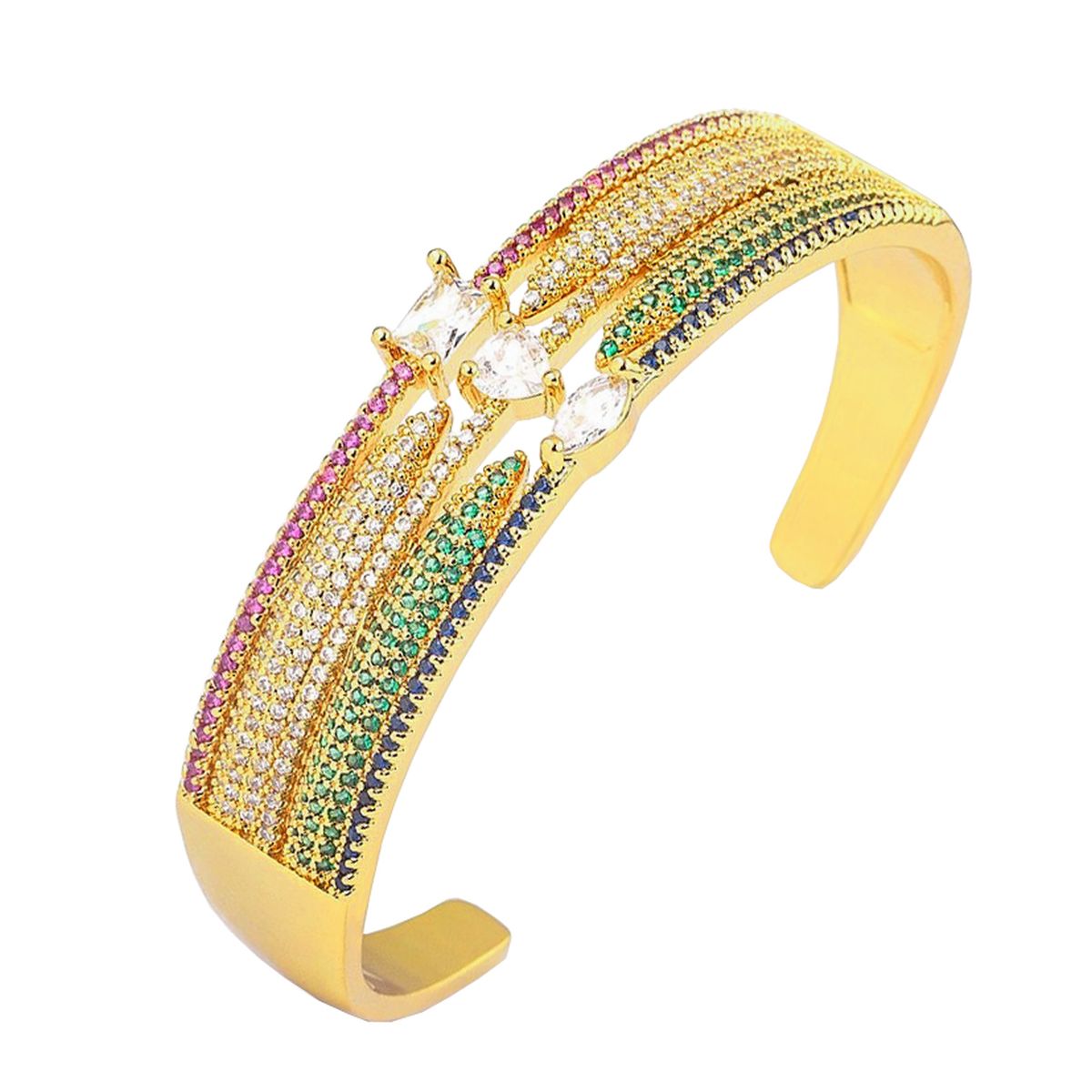 Heart Geometric Rainbow Multi Fancy CZ Gold Bangle Cuff Kada Bulk