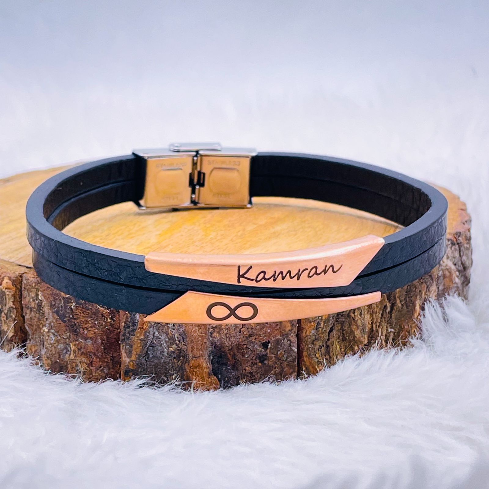 Geometric Stainless Steel Gold Black Customized Personalised Laser Engraved Wrist Band Leather Bracelet For Men