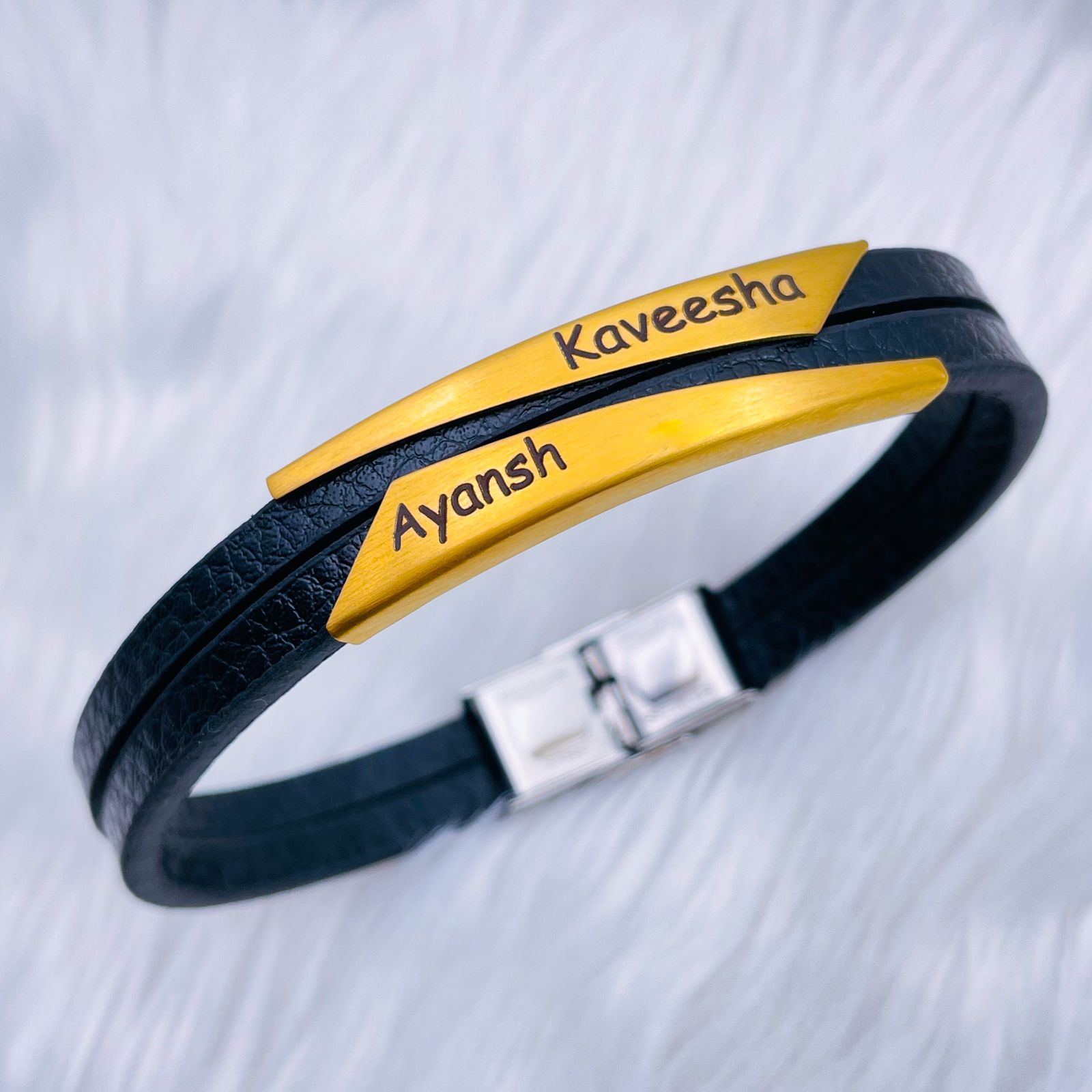 Geometric Stainless Steel Gold Black Customized Personalised Laser Engraved Wrist Band Leather Bracelet For Men Main image