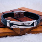 Geometric Stainless Steel Gold Black Customized Personalised Laser Engraved Wrist Band Leather Bracelet For Men