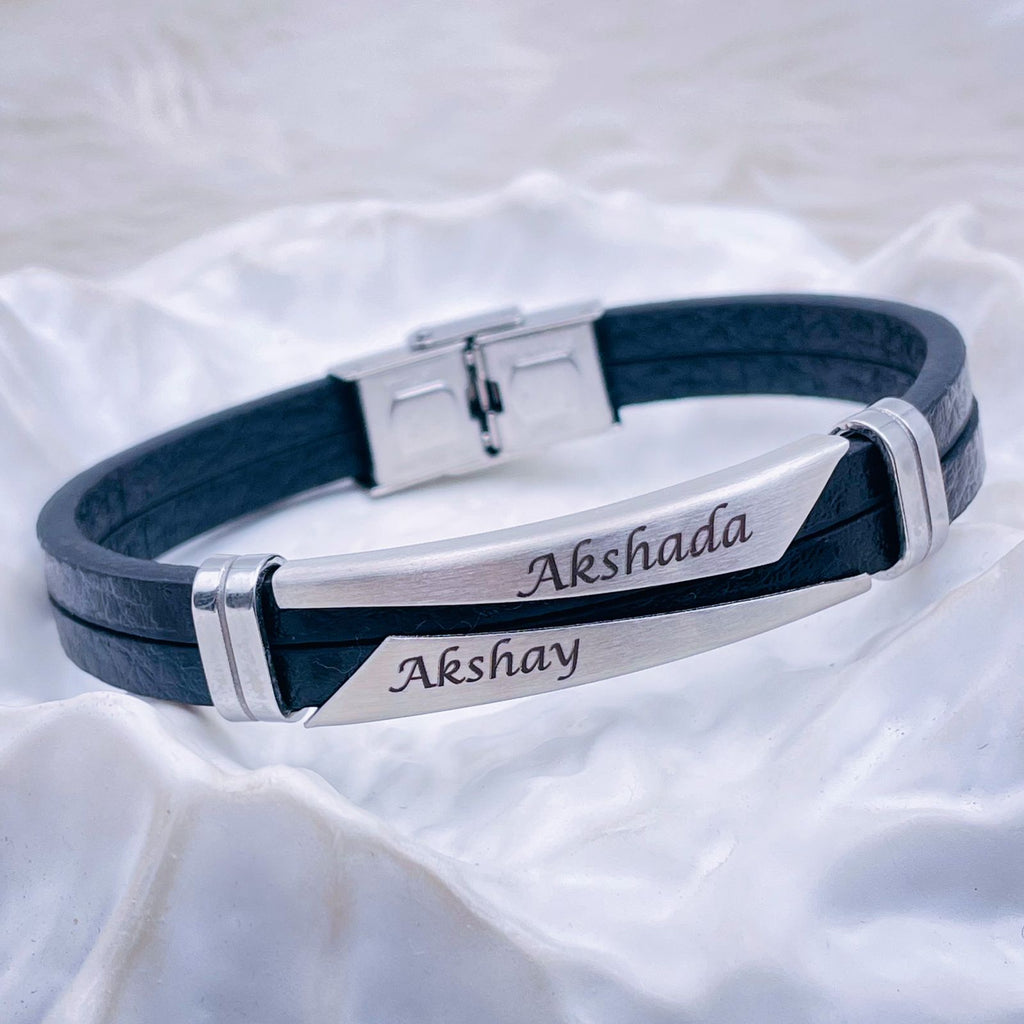 Geometric Stainless Steel Gold Black Customized Personalised Laser Engraved Wrist Band Leather Bracelet For Men