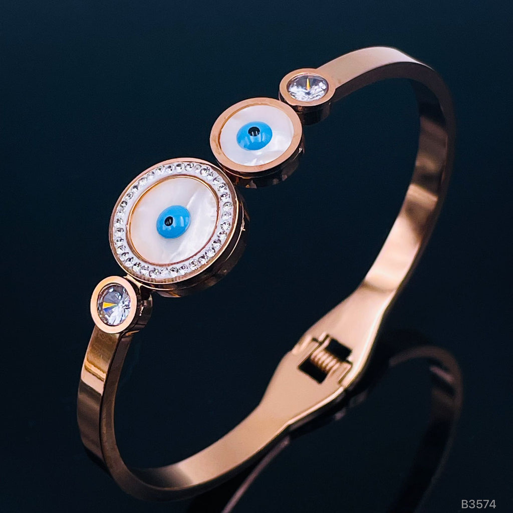 Mother of Pearl Three Evil Eye 18K Rose Gold Stainless Steel Openable Kada Bracelet for Women