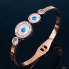Mother of Pearl Three Evil Eye 18K Rose Gold Stainless Steel Openable Kada Bracelet for Women