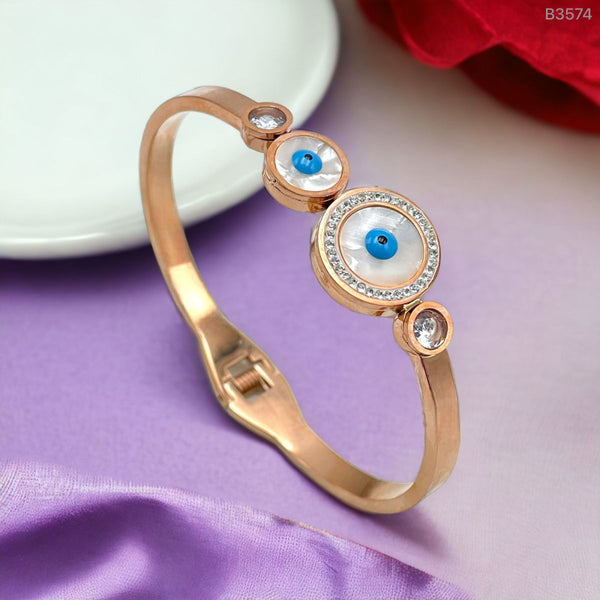 Mother of Pearl Three Evil Eye 18K Rose Gold Stainless Steel Openable Kada Bracelet for Women Main image