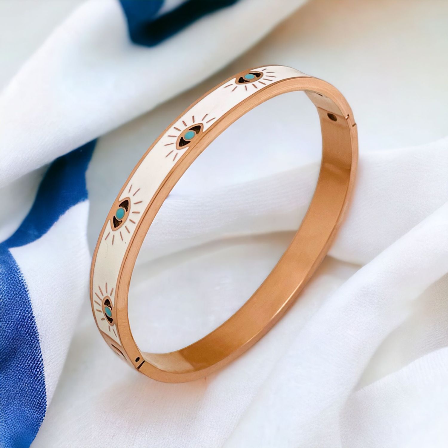 Evil Eye Enamel White Rose Gold Stainless Steel Anti Tarnish Openable Kada Bracelet For Women Main image