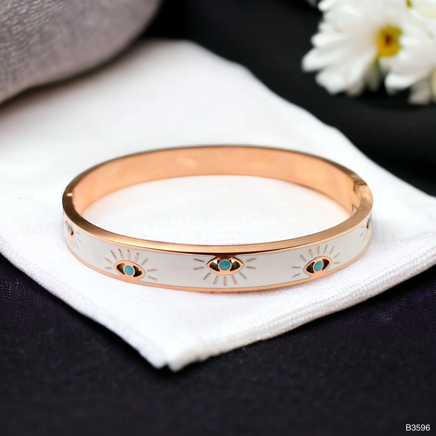 Evil Eye Enamel White Rose Gold Stainless Steel Anti Tarnish Openable Kada Bracelet For Women