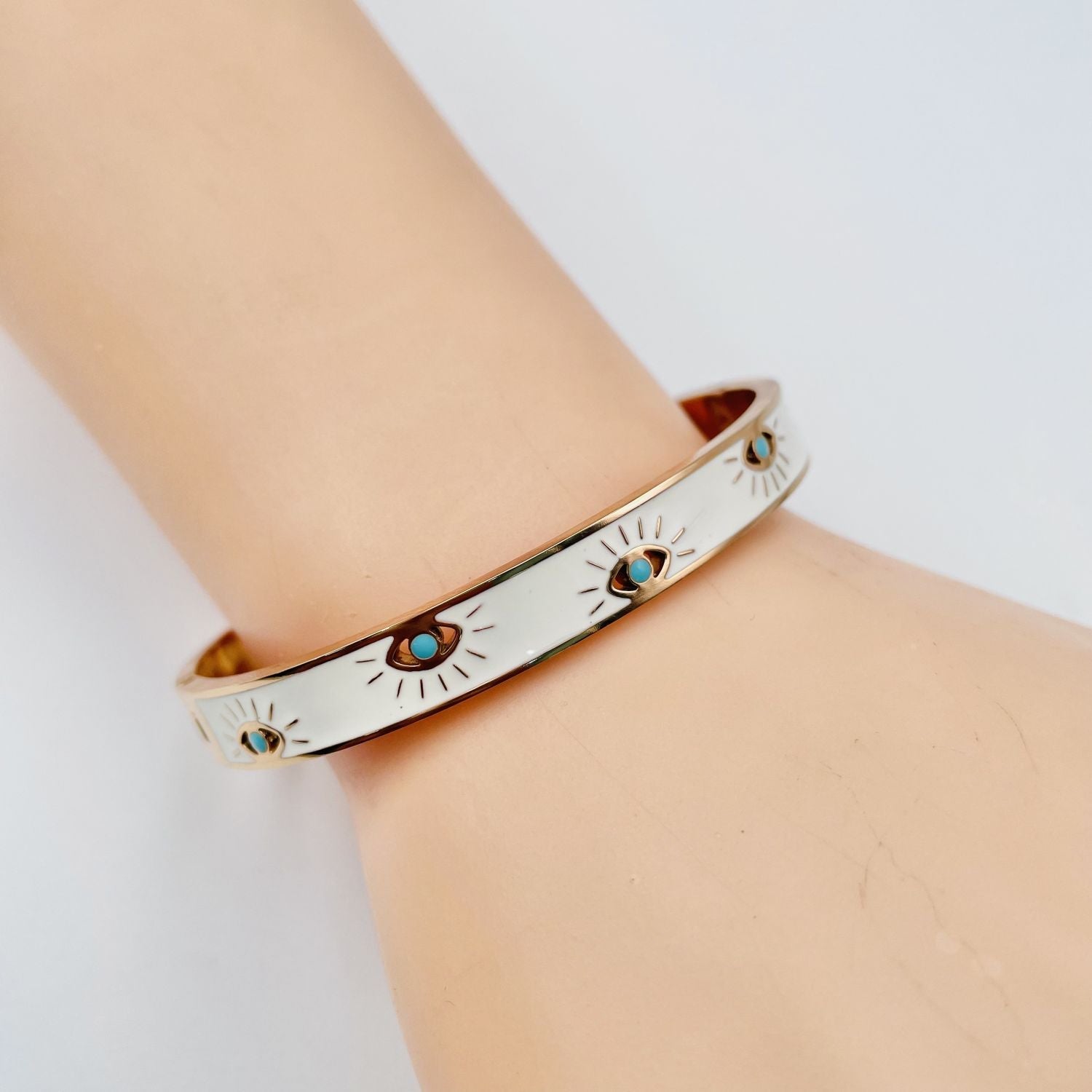 Evil Eye Enamel White Rose Gold Stainless Steel Anti Tarnish Openable Kada Bracelet For Women