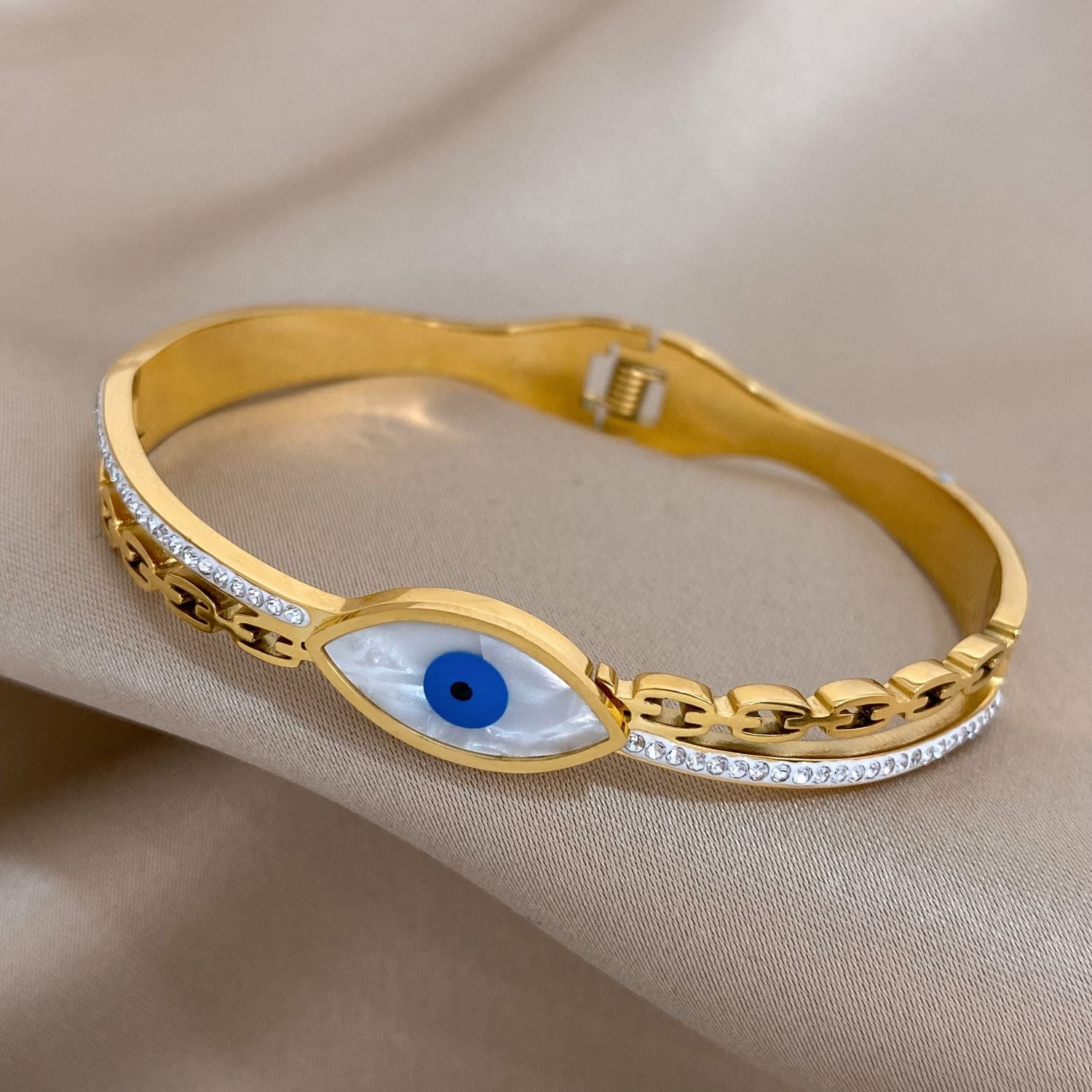 Mother of Pearl Evil Eye 18K Gold Stainless Steel Openable Kada Bracelets Womens