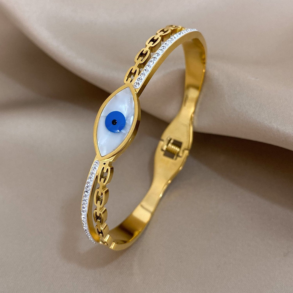 Mother of Pearl Evil Eye 18K Gold Stainless Steel Openable Kada Bracelets Womens