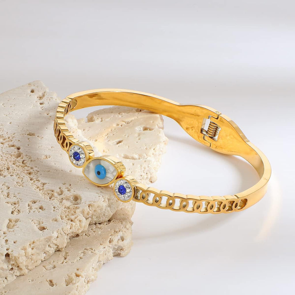 Mother of Pearl Evil Eye 18K Gold Stainless Steel Openable Kada Bracelet for Women