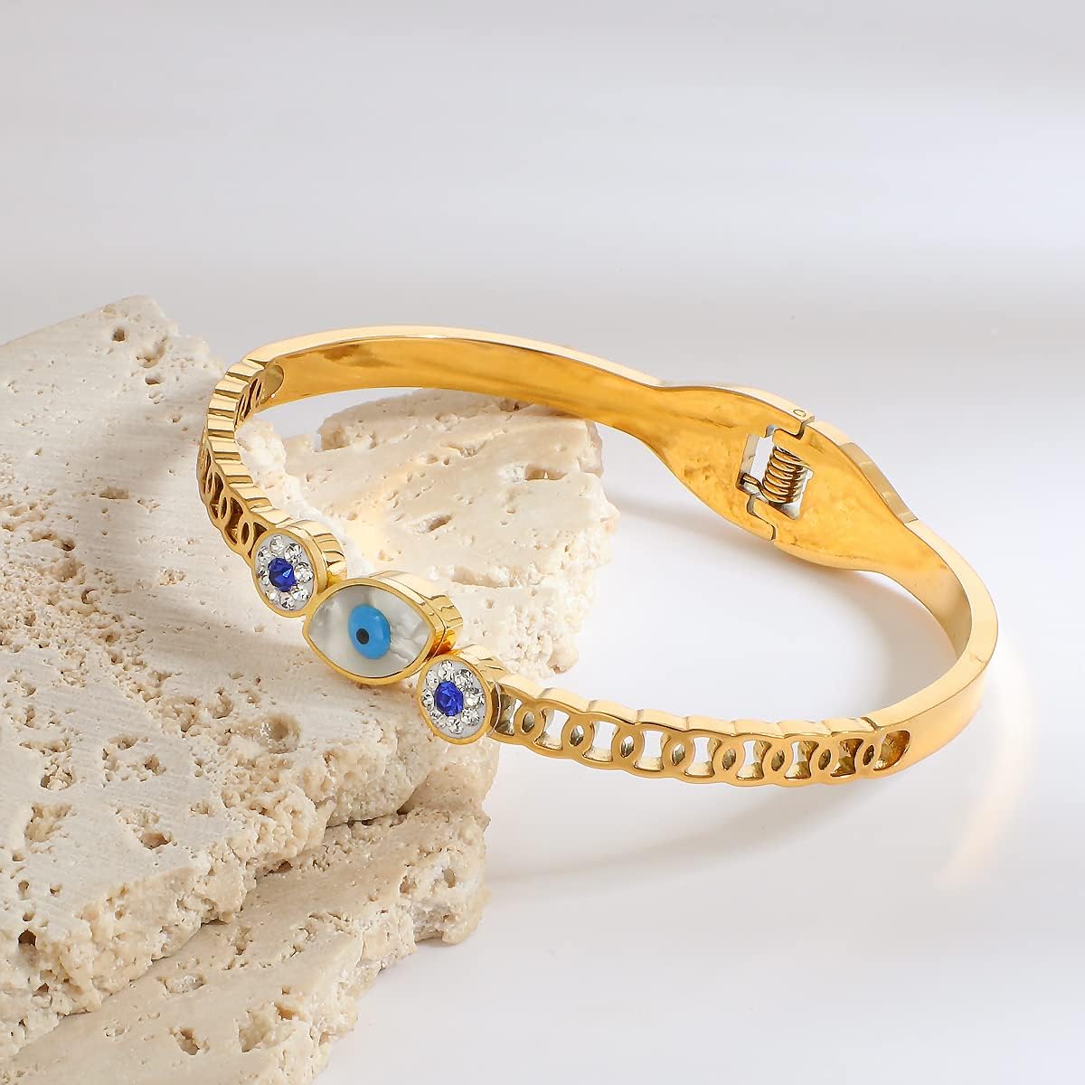 Mother of Pearl Evil Eye 18K Gold Stainless Steel Openable Kada Bracelet for Women