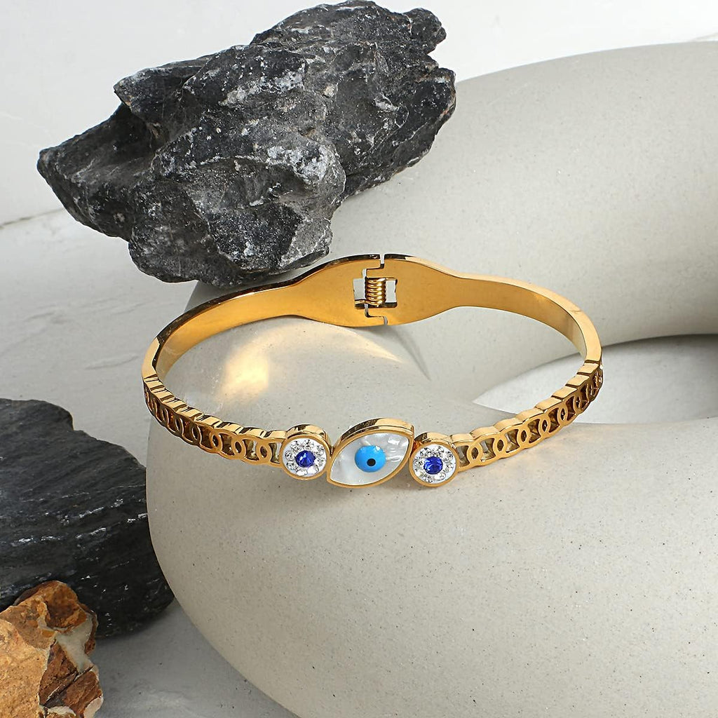 Mother of Pearl Evil Eye 18K Gold Stainless Steel Openable Kada Bracelet for Women