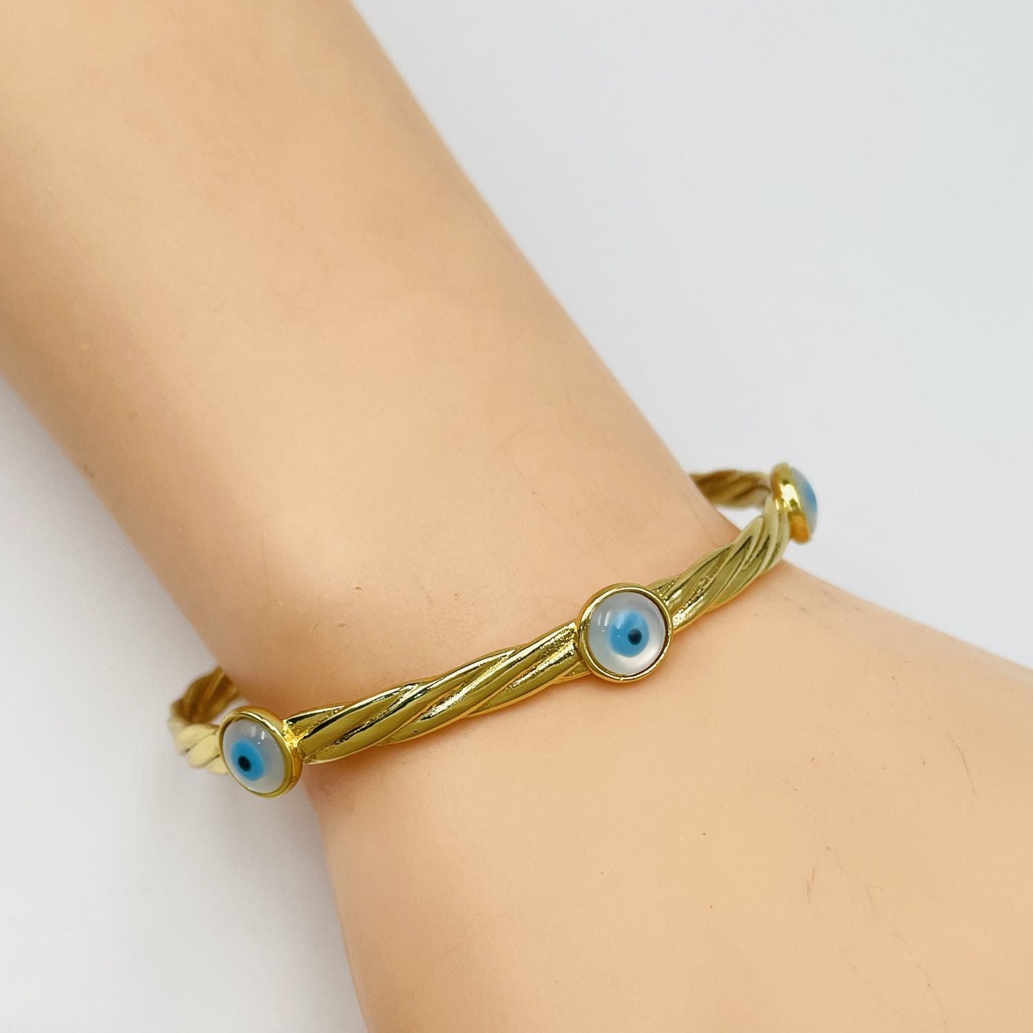 Triple Evil Eye Twisted 18K Gold Cuff Kada Bangle Bracelet Women Bulk
