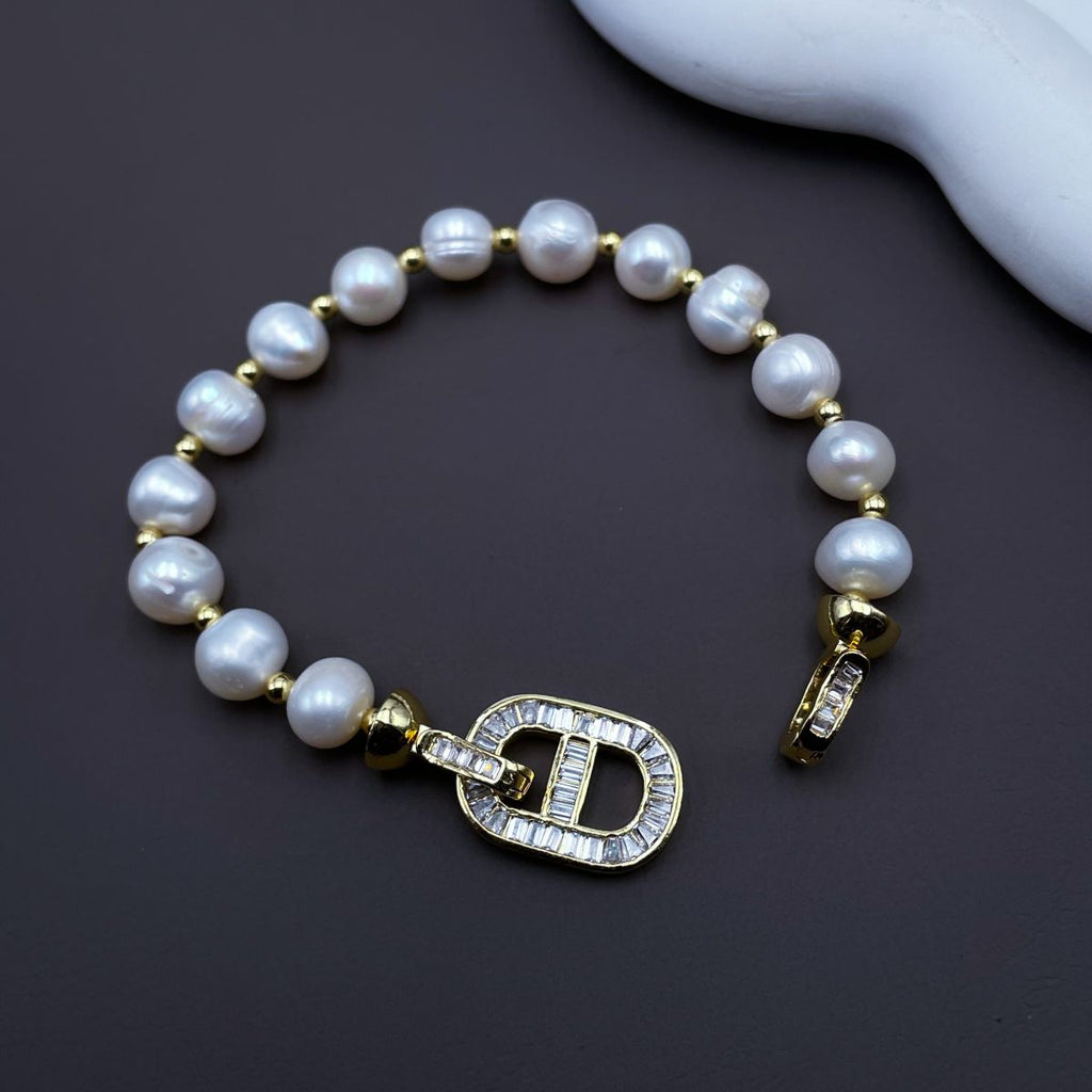 Cd Cubic Zirconia Pearl Silver Stretchable Free Size Bracelet Bulk