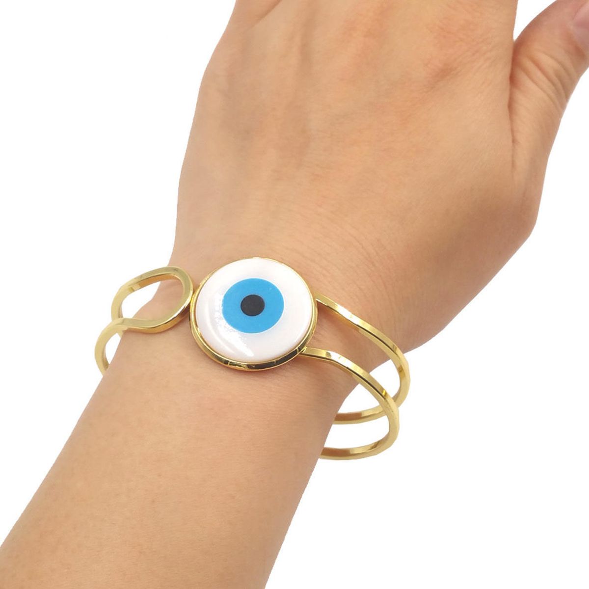 Large Evil Eye Mother Of Pearl Dual Layer 18K Gold Openable Cuff Kada Bangle For Women