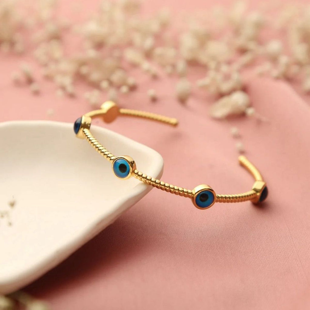 Five Evil Eye Slim Rope 18K Gold Cuff Kada Bracelet For Women Bulk