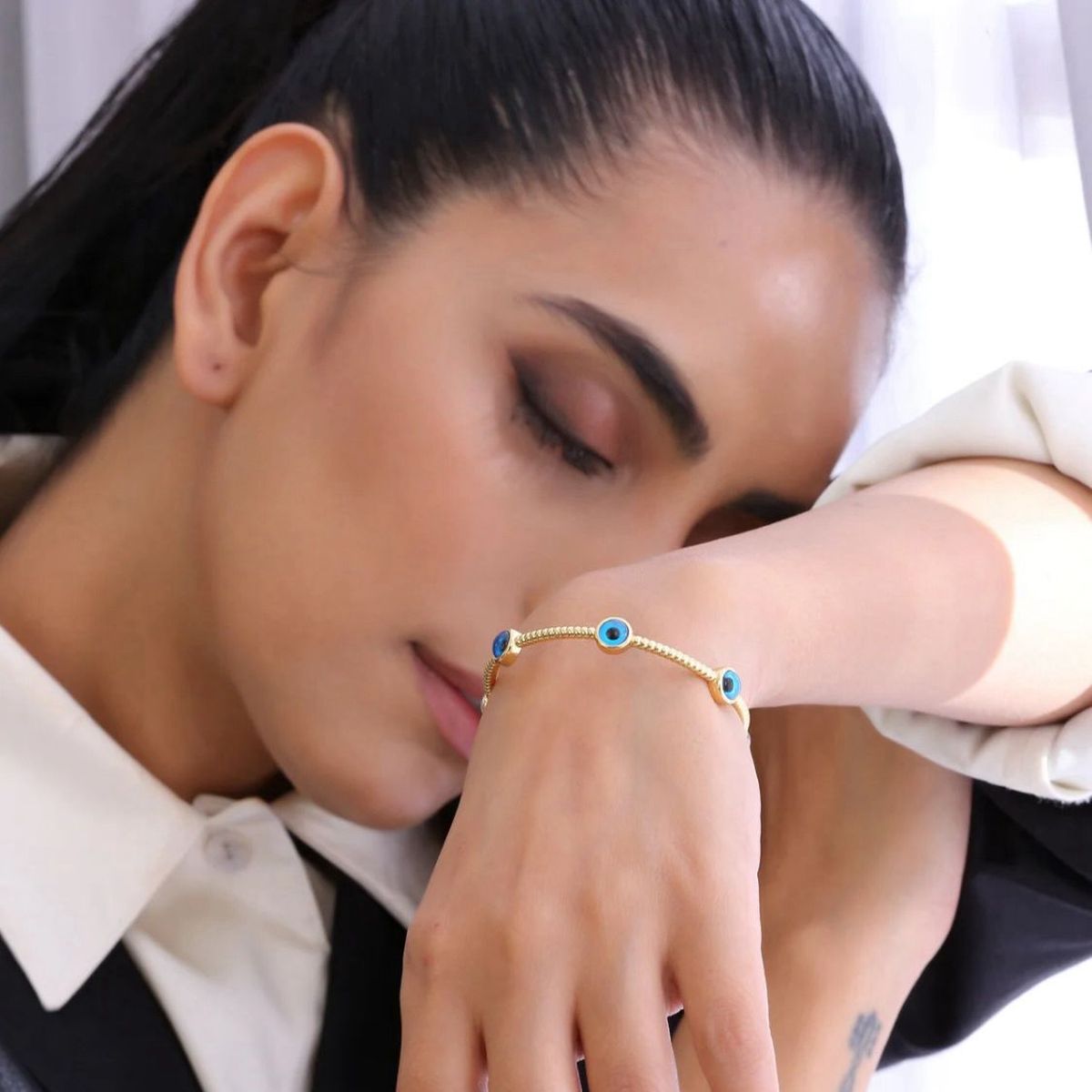Five Evil Eye Slim Rope 18K Gold Cuff Kada Bracelet For Women Bulk