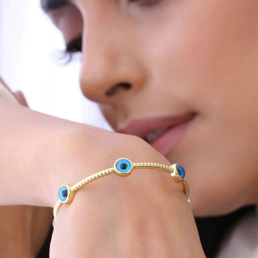 Five Evil Eye Slim Rope 18K Gold Cuff Kada Bracelet For Women Bulk
