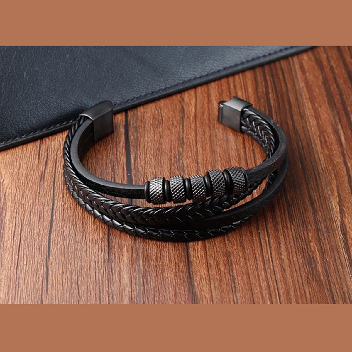 Multi-Layer Rope Ring Black Leather Stainless Steel Wrist Wrap Band Strand Bracelet For Men