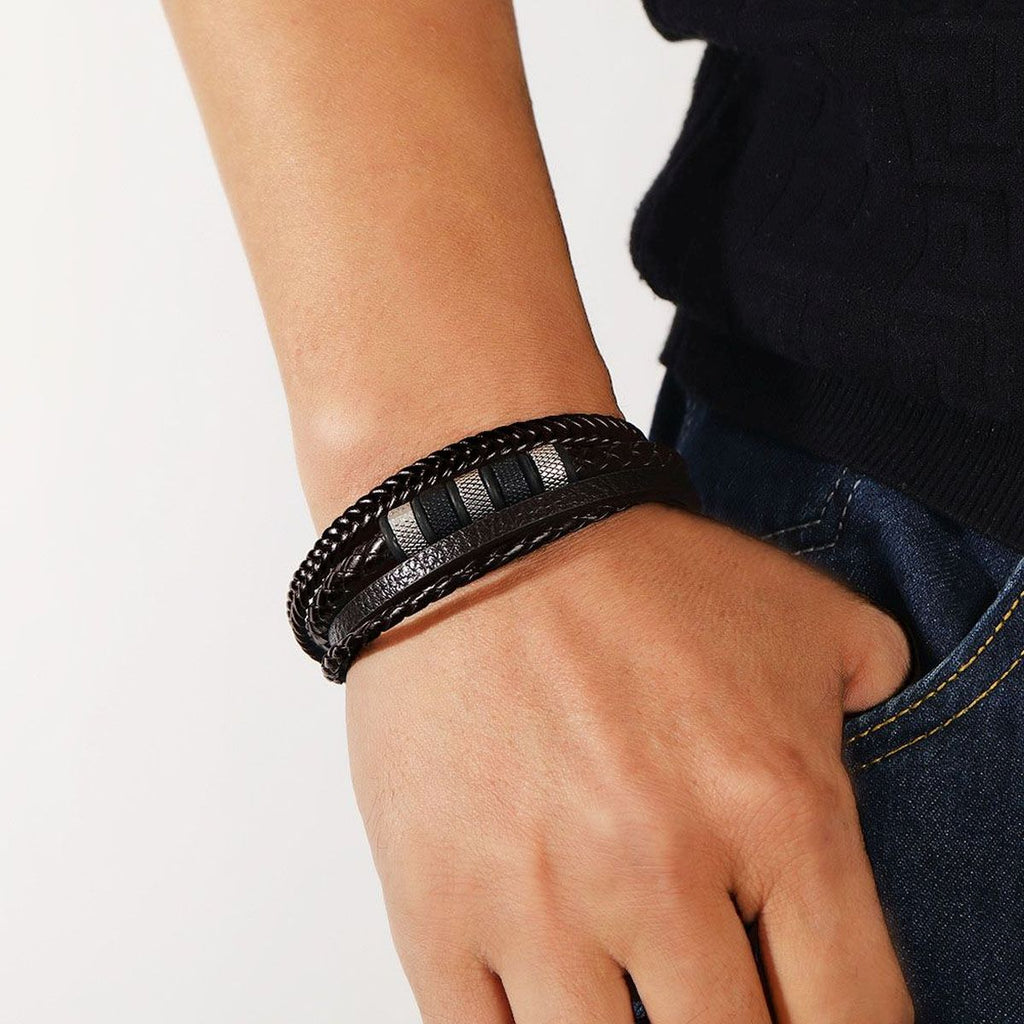 Multi-Layer Rope Ring Black Leather Stainless Steel Wrist Wrap Band Strand Bracelet For Men