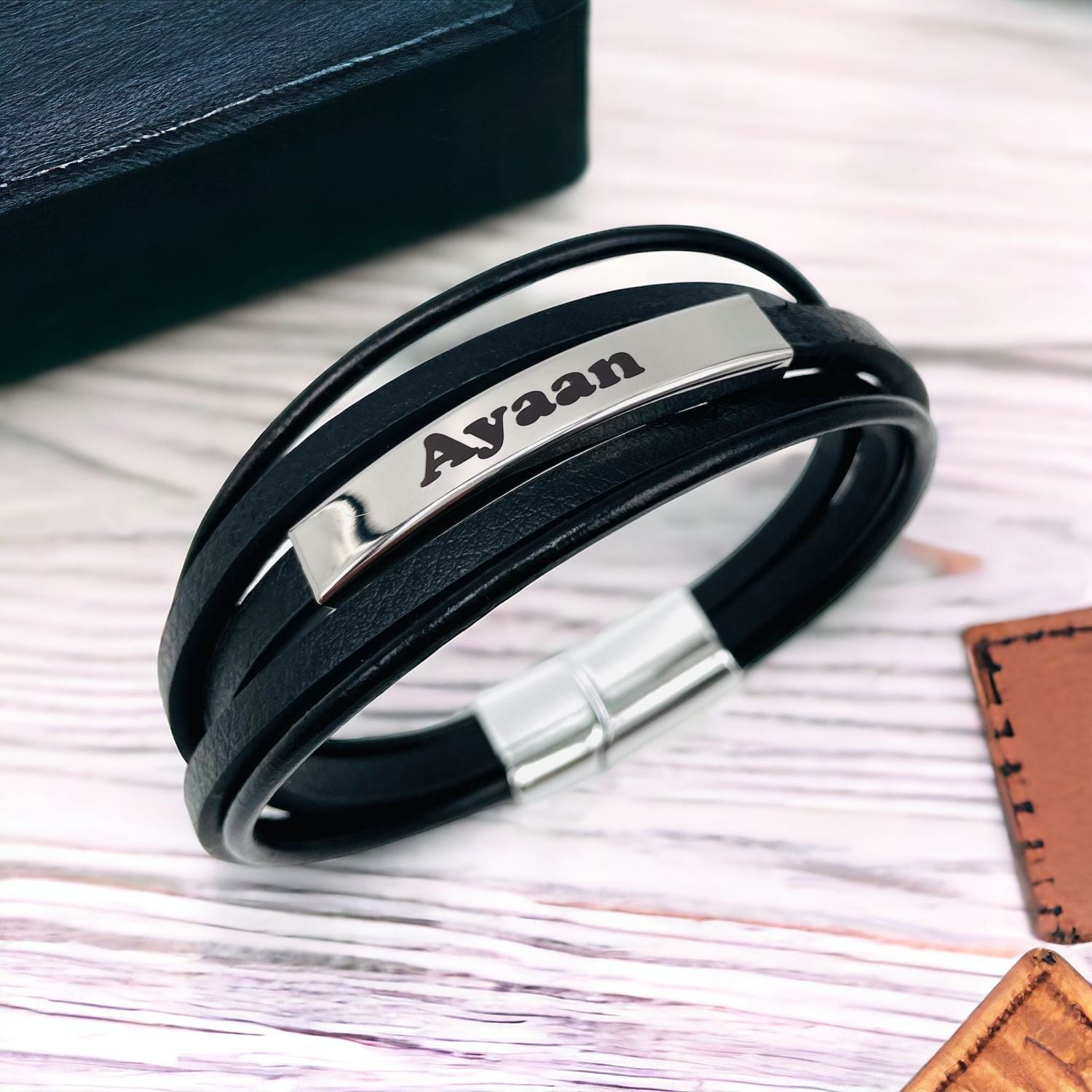 Multi-Layer Black Silver Leather Customized Personalised Laser Engraved Wrist Wrap Band Strand Id Bracelet For Men Main image