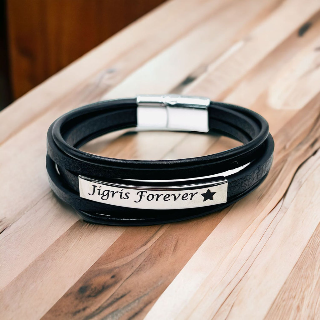 Multi-Layer Black Silver Leather Customized Personalised Laser Engraved Wrist Wrap Band Strand Id Bracelet For Men