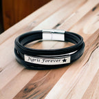 Multi-Layer Black Silver Leather Customized Personalised Laser Engraved Wrist Wrap Band Strand Id Bracelet For Men