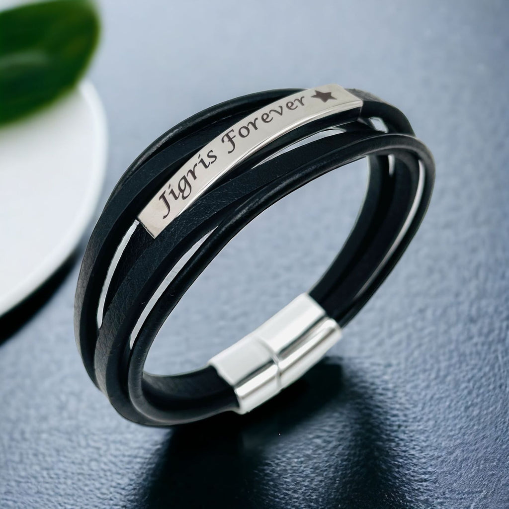 Multi-Layer Black Silver Leather Customized Personalised Laser Engraved Wrist Wrap Band Strand Id Bracelet For Men