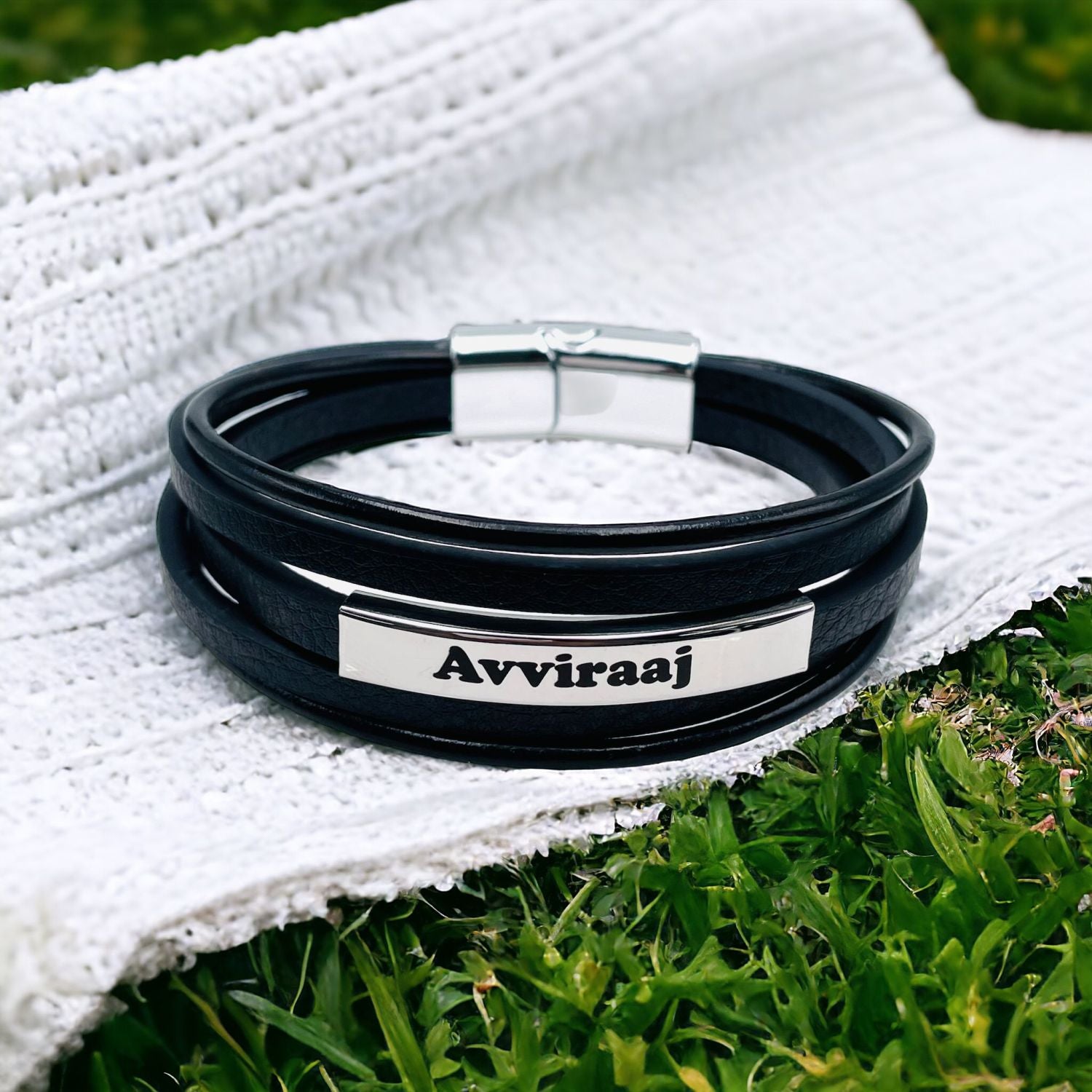 Multi-Layer Black Silver Leather Customized Personalised Laser Engraved Wrist Wrap Band Strand Id Bracelet For Men