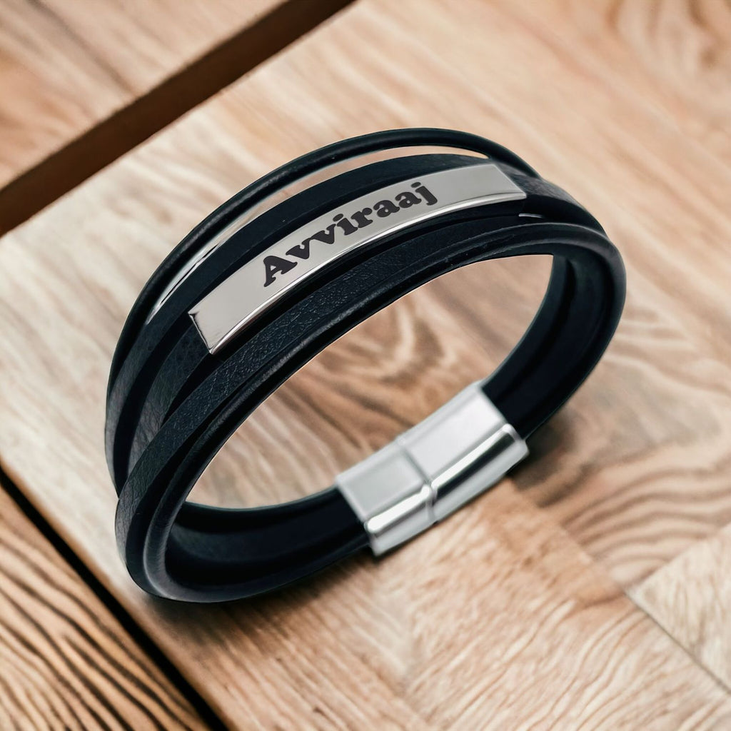 Multi-Layer Black Silver Leather Customized Personalised Laser Engraved Wrist Wrap Band Strand Id Bracelet For Men