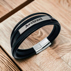 Multi-Layer Black Silver Leather Customized Personalised Laser Engraved Wrist Wrap Band Strand Id Bracelet For Men