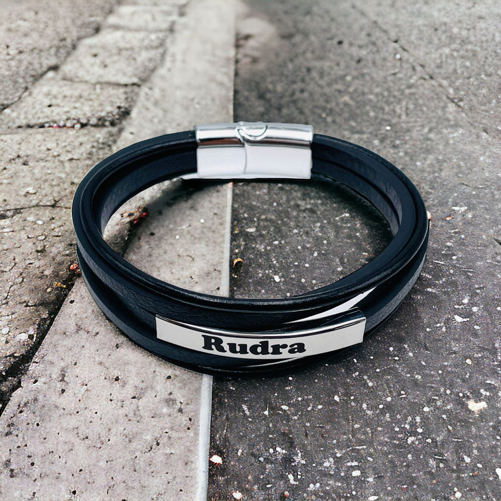 Multi-Layer Black Silver Leather Customized Personalised Laser Engraved Wrist Wrap Band Strand Id Bracelet For Men