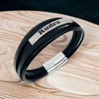 Multi-Layer Black Silver Leather Customized Personalised Laser Engraved Wrist Wrap Band Strand Id Bracelet For Men