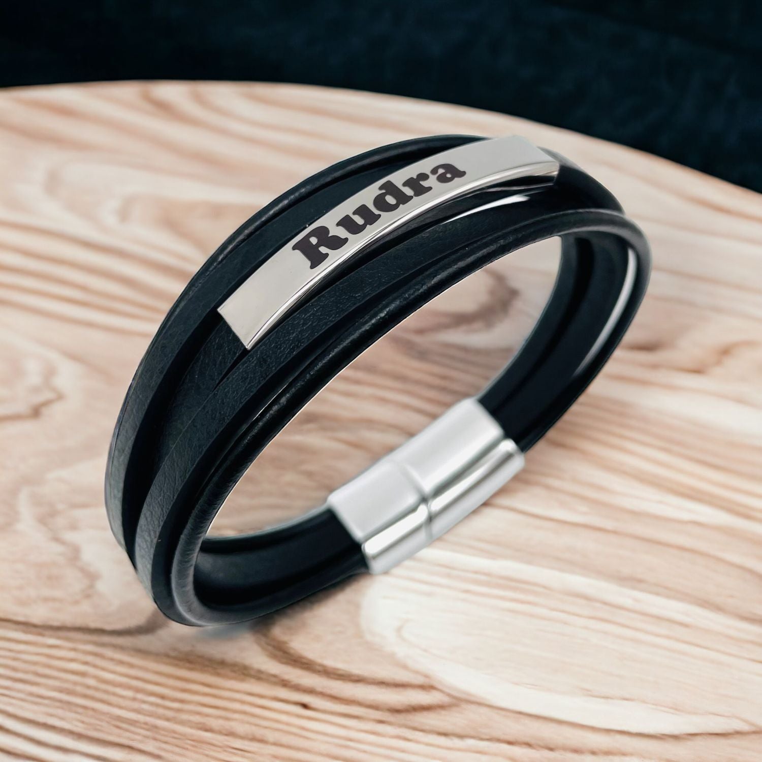 Multi-Layer Black Silver Leather Customized Personalised Laser Engraved Wrist Wrap Band Strand Id Bracelet For Men