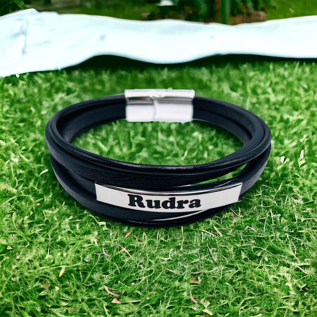 Multi-Layer Black Silver Leather Customized Personalised Laser Engraved Wrist Wrap Band Strand Id Bracelet For Men