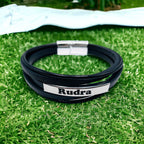 Multi-Layer Black Silver Leather Customized Personalised Laser Engraved Wrist Wrap Band Strand Id Bracelet For Men