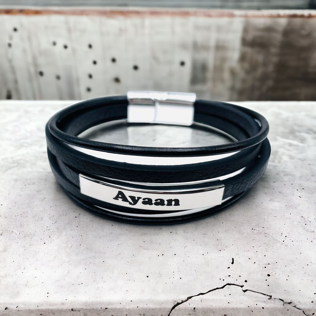Multi-Layer Black Silver Leather Customized Personalised Laser Engraved Wrist Wrap Band Strand Id Bracelet For Men