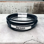 Multi-Layer Black Silver Leather Customized Personalised Laser Engraved Wrist Wrap Band Strand Id Bracelet For Men