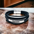 Multi-Layer Black Silver Leather Customized Personalised Laser Engraved Wrist Wrap Band Strand Id Bracelet For Men