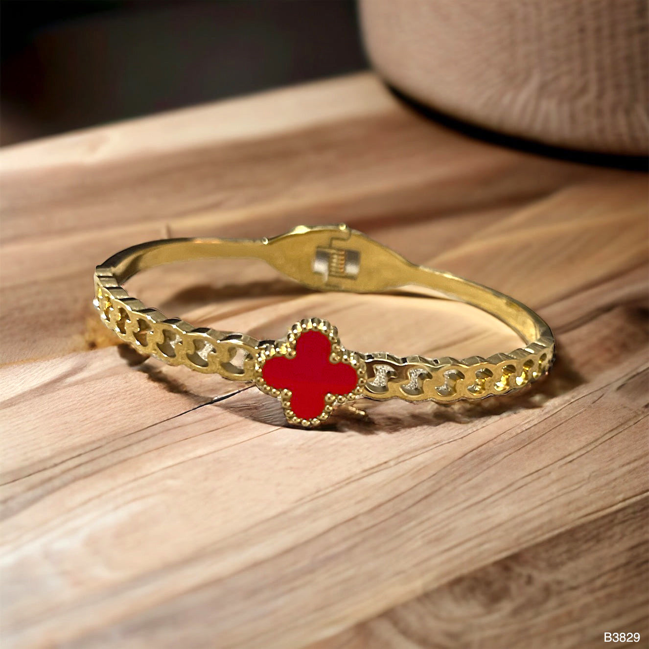 Clover Flower Red Stainless Steel Gold Anti Tarnish Kada Bracelet Bulk Main image