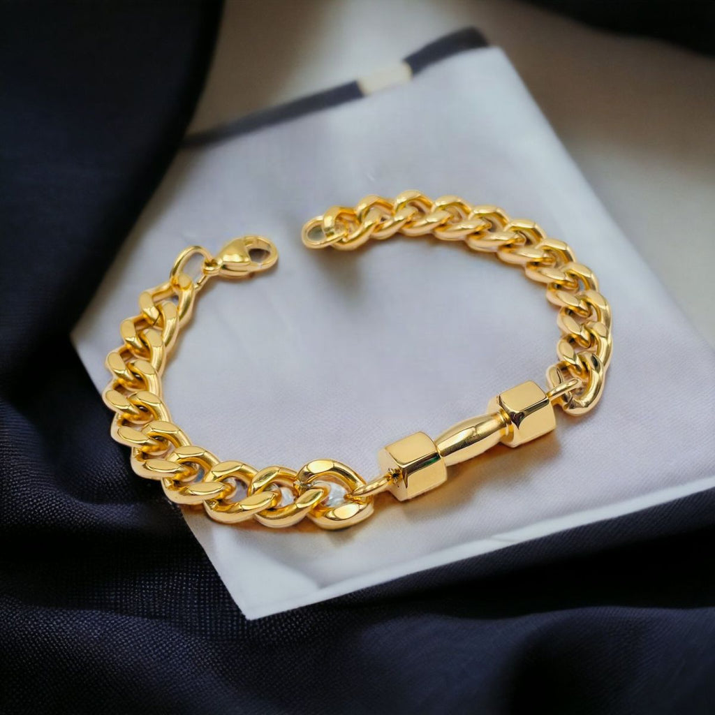 Dumbbell Barbell 18K Gold 316L Stainless Steel Dumbbell Barbell Curb Chain Bracelet For Men