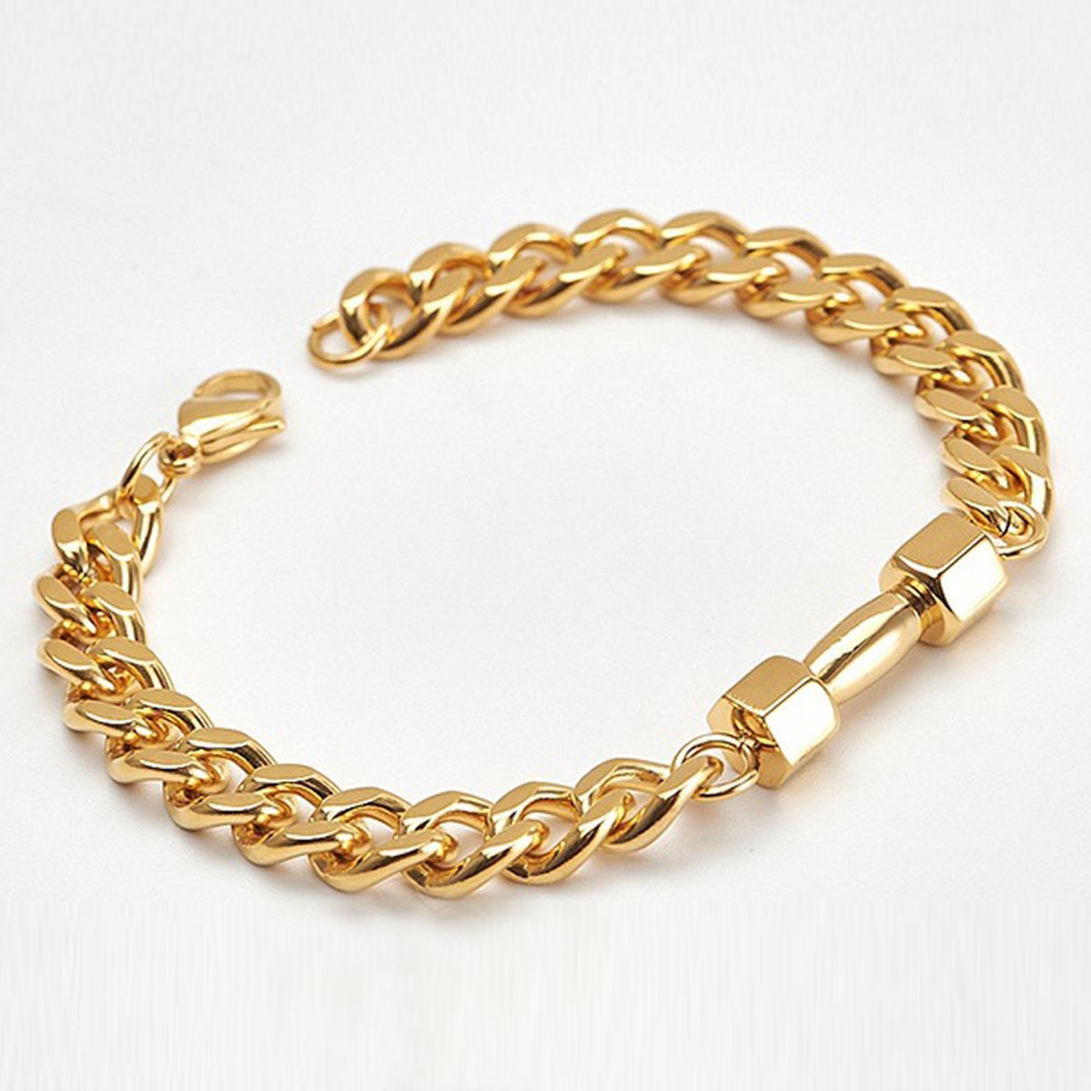 Dumbbell Barbell 18K Gold 316L Stainless Steel Dumbbell Barbell Curb Chain Bracelet For Men
